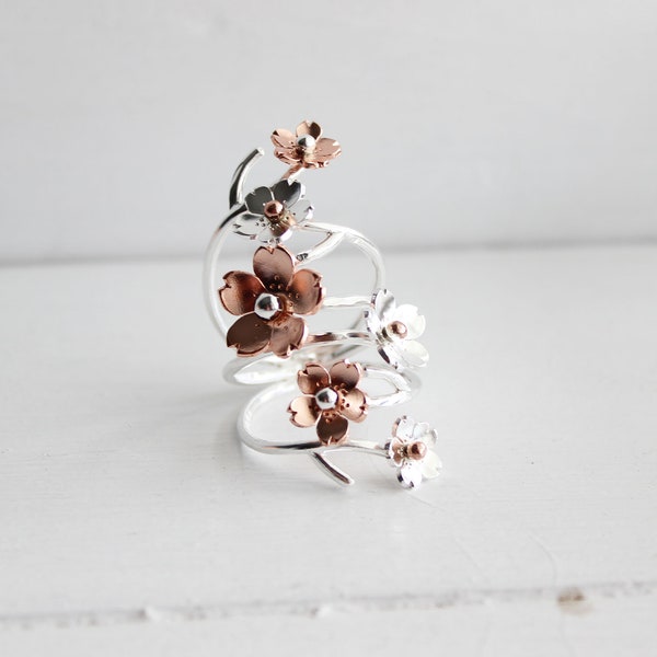 RESERVE FOR VALERIE - Sterling Silver and Copper Multiple Cherry Blossom Cocktail Ring, One of a Kind Statement Rings