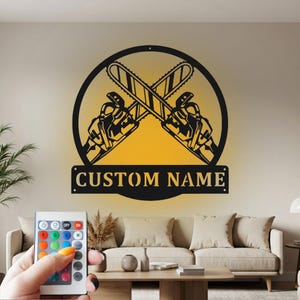 Custom Chainsaw Metal Wall Art with RGB LED Light - Personalized Logging Decor