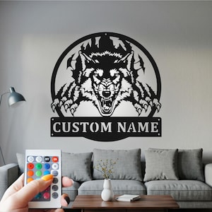 Custom Wolf Metal Wall Art with RGB LED Light - Personalized Name Sign