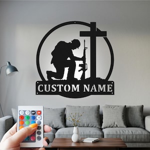 Custom Soldier Praying Metal Wall Art with LED Light