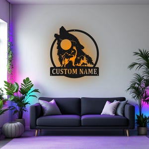 Custom Wolf Howling Metal Sign: Personalized LED Room Decor
