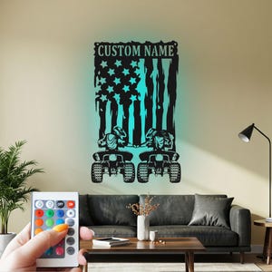 Custom ATV Metal Wall Art: US Flag LED Light, Personalized Quad Decor