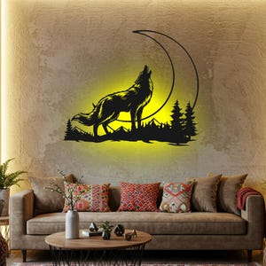 Custom Wolf and Moon Metal Wall Art: LED Wildlife Decor