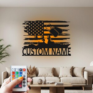 Custom US Navy Veteran Metal Wall Art with LED