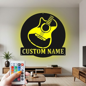 Custom Guitar Metal Wall Art with RGB LED Lights - Personalized Name Sign