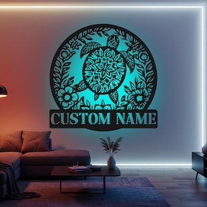 Custom Turtle LED Metal Wall Art: Ocean Decor Name Sign