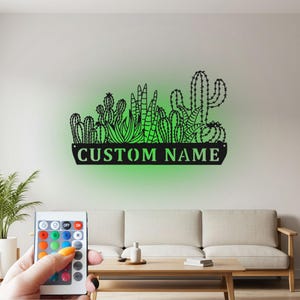 Custom Cactus Metal Sign with RGB LED: Personalized Wall Art