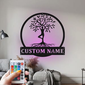 Custom Yoga Tree of Life Metal Wall Art with LED Light