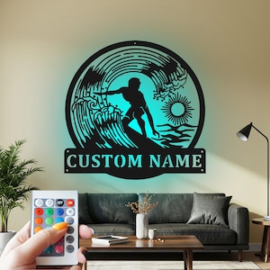 Custom Surfer Metal Wall Art with LED: Personalized Name Sign