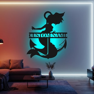Custom Mermaid Girl Fish Tail Boat Anchor Led Light Metal Wall Art Mermaid Lover Name Sign Home Decor Nursery Decoration Art