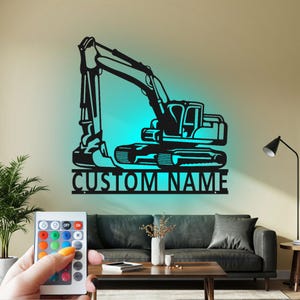 Custtom Excavator Sign Metal Wall Art Led Light,  Sign Excavator Driver Name Sign Decoration For Room, Excavator Metal Led Decor