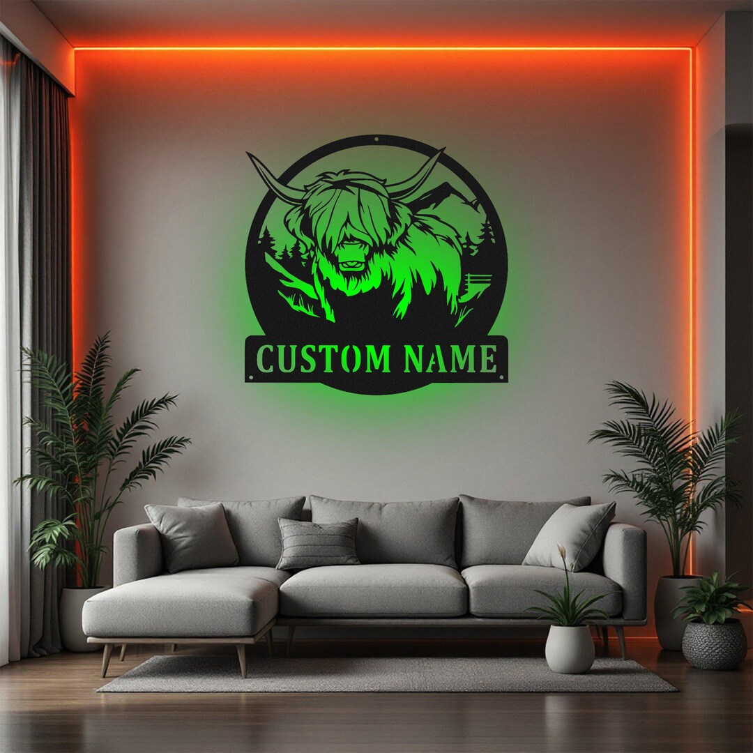 Cow Custom Custom Highland Cow Metal Wall Art With LED Light - Personalized ...