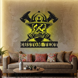 Firefighter Helmet Sign Led Light Metal Wall Decor Fireman Name Sign Home Decor Fire Station Sign Gift For Father Artwork