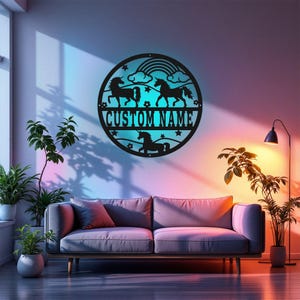Aangepaste eenhoorn metalen muurkunst met ledlicht, gepersonaliseerde eenhoorn naambord decoratie voor kamer, eenhoorn metalen led decor, aangepaste eenhoorn