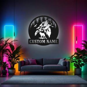 Custom Howling Wolf Metal Wall Art with LED Light
