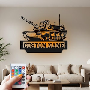 US Military Tank Custom Sign Metal Wall Art Led Light, Military Tank Name Custom Sign Decoration For Room, Military Tank Metal Home Decor