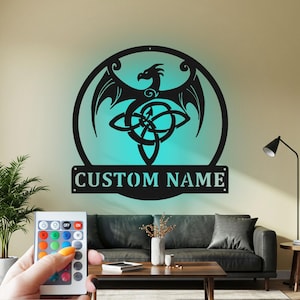 Custom Celtic Dragon Metal Wall Art with RGB LED Light