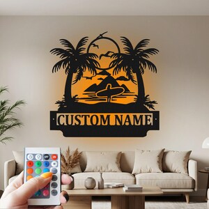 Custom Surfer Metal Wall Art with LED: Personalized Beach Decor