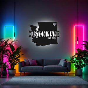 Arte de pared de metal personalizado con mapa de Washington y luz LED, letrero con el nombre del estado de Washington personalizado para decoración de habitación, decoración de "nacido en Washington"