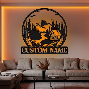 Lampada da parete in metallo a LED personalizzata Lakehouse Forest con scritta "Nature Lover Name Sign" (regalo per la casa per tutti) Decorazione da appendere