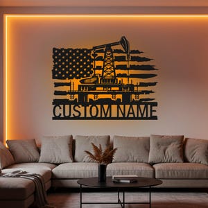 Custom US Flag Oil Rig LED Metal Wall Art: Oilfield Decor