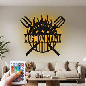 Grillmaster BBQ Sign Metal Wall Art Led Light, Sign BBQ Name Sign Decoration For Room, Barbecue Outdoor Metal Home Decor