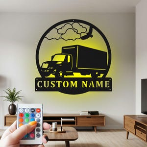 Aangepaste metalen muurkunst vrachtwagen met ledlicht, vrachtwagenchauffeur naambord decor voor kamer, woondecoratie vrachtwagen, aangepaste vrachtwagenchauffeur, vrachtwagenchauffeur