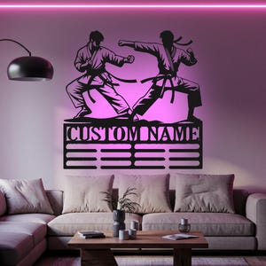 Karate Medal Holder Led Light Metal Wall Art Fighter Name Medal Hanger Display Rack For Tiered Award Ribbon Gift For Athlete Artwork