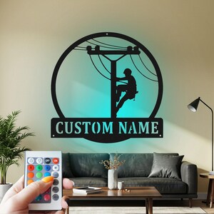 Custom Lineman Metal Wall Art with LED: Personalized Name Sign