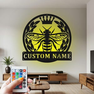Queen Bee Sign Metal Wall Art Led Light, Sign Queen Bee Name Sign Decoration For Room, Queen Bee Metal Home Decor, Queen Bee