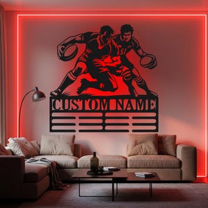 Rugby Sevens Medal Holder Custom Sign Led Light Metal Wall Decor Rugby Sevens Player Name Medal Hanger Display Gift For Athlete Artwork