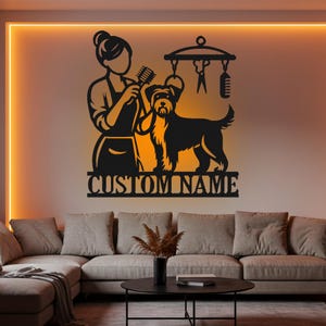 Custom Dog Grooming Salon Metal Wall Art: LED Groomer Name Sign
