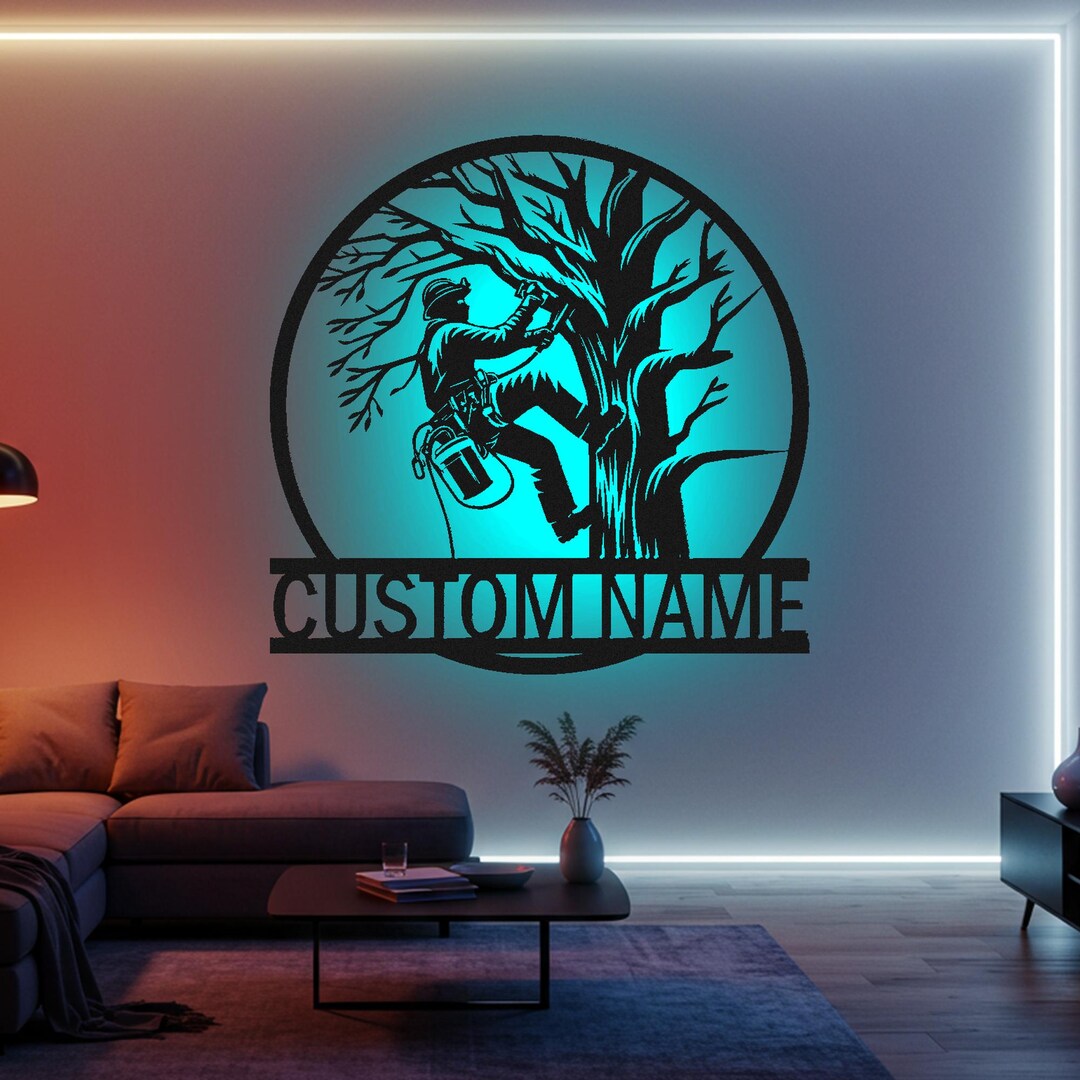 Custom Arborists Led Light Metal Wall Art Tree Climber Name Sign Home ...