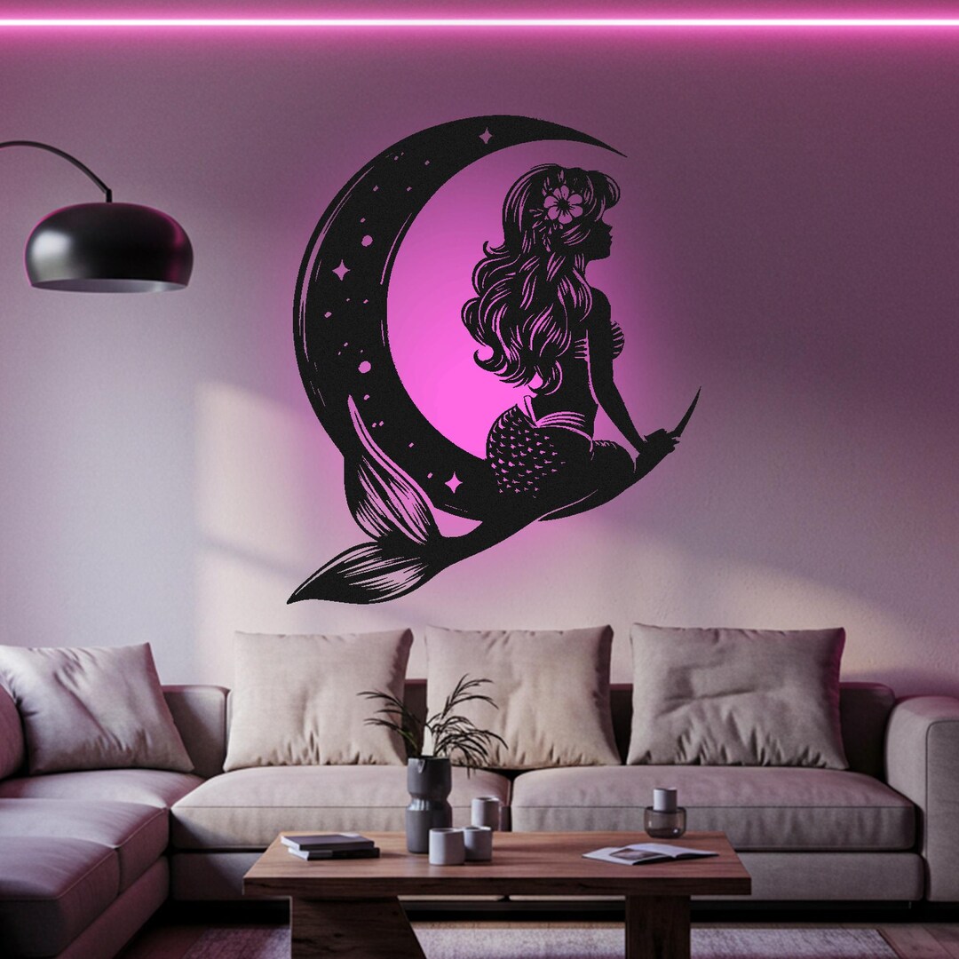 Little Mermaid on the Moon Metal Sign Wall Art Led Light Cute Mermaid ...