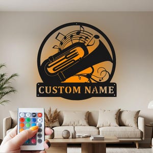 Tuba Musical Instrument Sign Metal Wall Art Led Light, Sign Tuba Teacher Name Sign Decoration For Room, Tuba Metal Home Decor