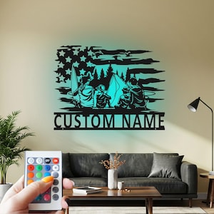 Arte de pared de metal personalizado con luz LED para pesca familiar estadounidense, letrero con nombre personalizado para pesca familiar, decoración para habitación, decoración de metal con luz LED para pesca.