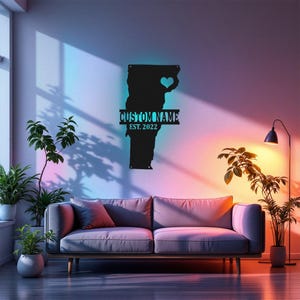 Arte de pared de metal con mapa de Vermont personalizado y luz LED, letrero con el nombre del estado de Vermont personalizado para habitación, decoración de metal con luz LED "Nacido en Vermont"