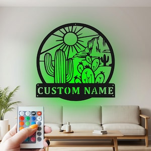 Custom Cactus Metal Wall Art: LED Personalized Name Sign