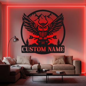 Owl In Flight Custom Sign Led Light Metal Wall Decor Hunter Name Custom Sign Home Decor Housewarming Gifts Decoration Hanging Circle