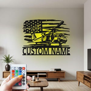 Custom Black Hawk Helicopter Metal Wall Art with RGB LED