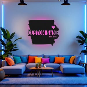 Arte de pared de metal con mapa de Iowa personalizado y luz LED, letrero con el nombre del estado de Iowa personalizado para decorar la habitación, decoración LED de metal "Nacido en Iowa", mapa de Iowa
