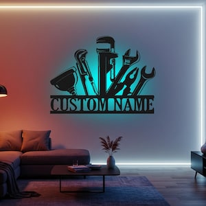 Custom Plumber Tools LED Metal Wall Art: Personalized Name Sign