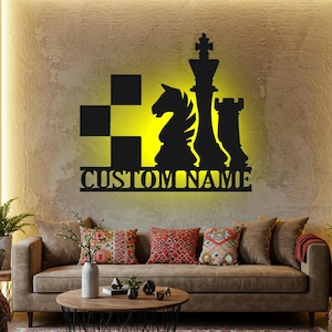 Chess Custom Sign Led Light Metal Wall Decor Chess Player Name Custom Sign Home Decor Gift For Chess Lover Decoration Hanging Artwork