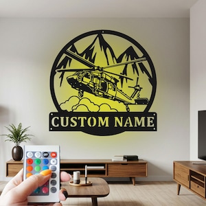 Custom Black Hawk Helicopter Metal Wall Art with RGB LED