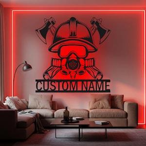 Custom Firefighter Helmet LED Metal Wall Art: Fireman Name Sign