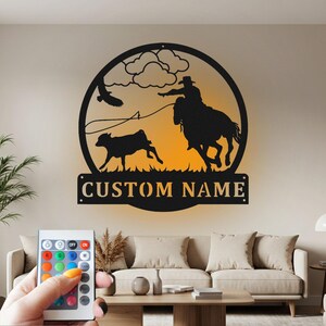 Custom Calf Roping Metal Art: Personalized LED Wall Decor