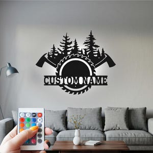 Arte murale in metallo personalizzata con luce a LED, cartello con nome personalizzato da boscaiolo, decorazione per la stanza, arredamento per la casa da boscaiolo, boscaiolo