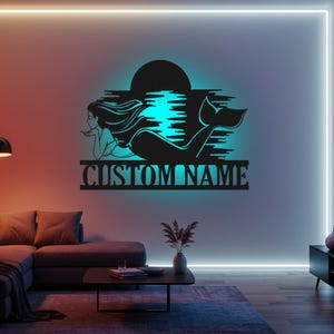 Custom Mermaid Led Light Metal Wall Art Monogram Marine Wild Life Lover Name Sign Home Decor Gifts For Girlfriend Artwork