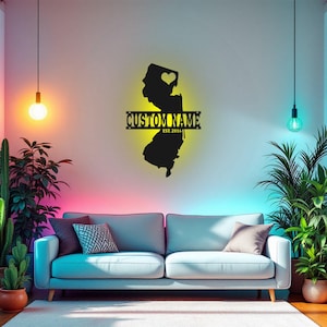Arte de pared de metal personalizado con mapa de Nueva Jersey y luz LED, letrero con el nombre del estado de Nueva Jersey, decoración para habitación, decoración de "nacido en Nueva Jersey"