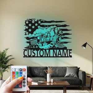 Custom Train Metal Wall Art with LED: Personalized Name Sign